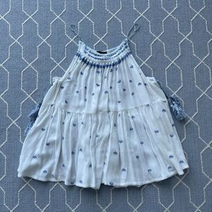 Aqua White and Blue Embroidered Top with Tassels- Size Small